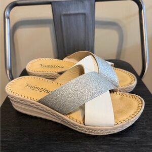 Valentina Italy Silver Glitter Cross Strap Comfort Slides EU 36